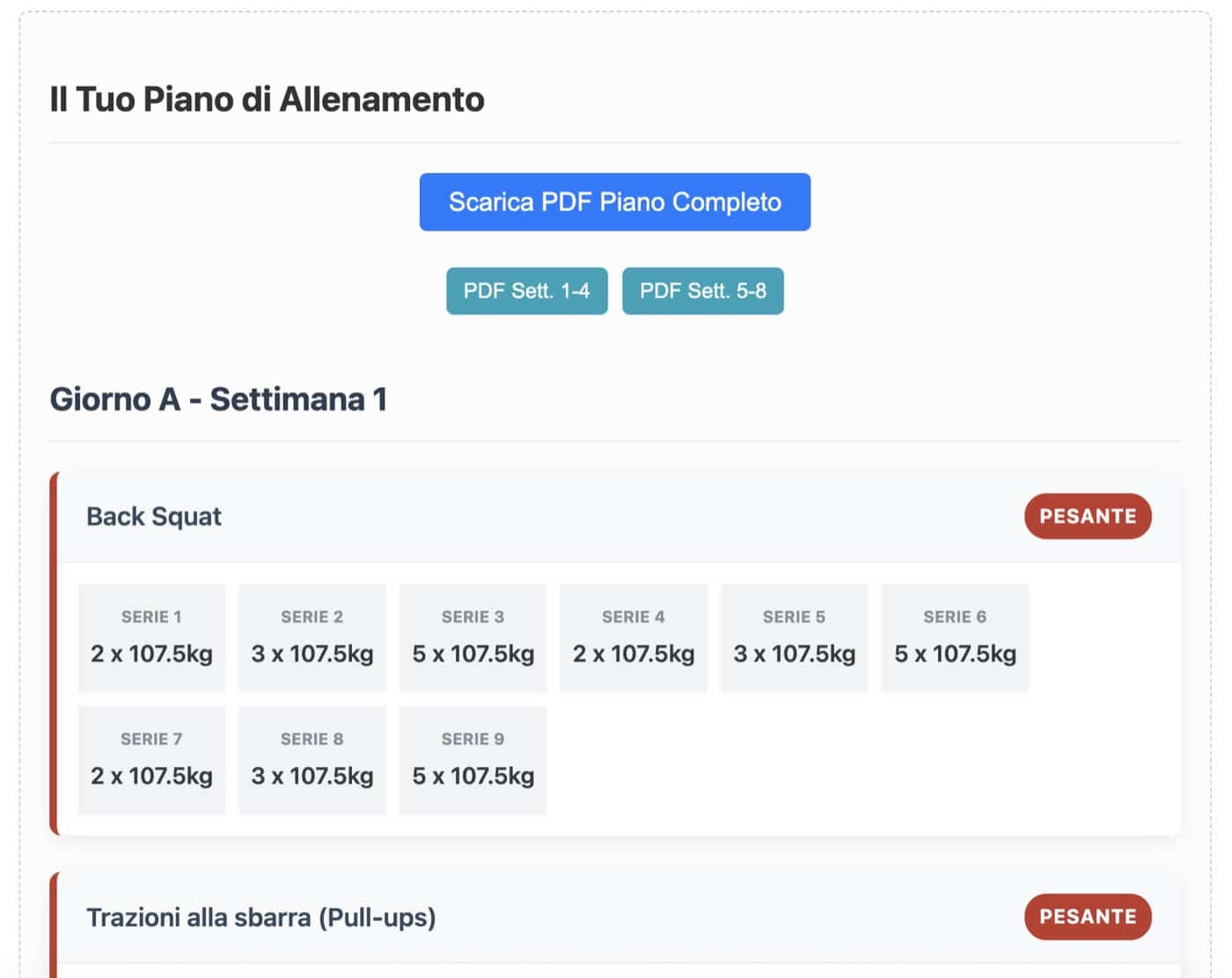 Smart Plan Builder: il piano di allenamento generato, con il pulsante per scaricare il PDF